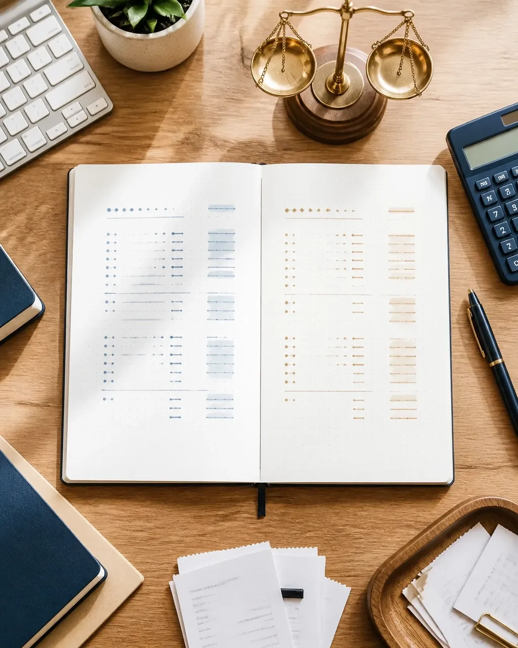 Top-down accounting flat lay showing two sides of a journal entry with calculator, receipts, and office tools