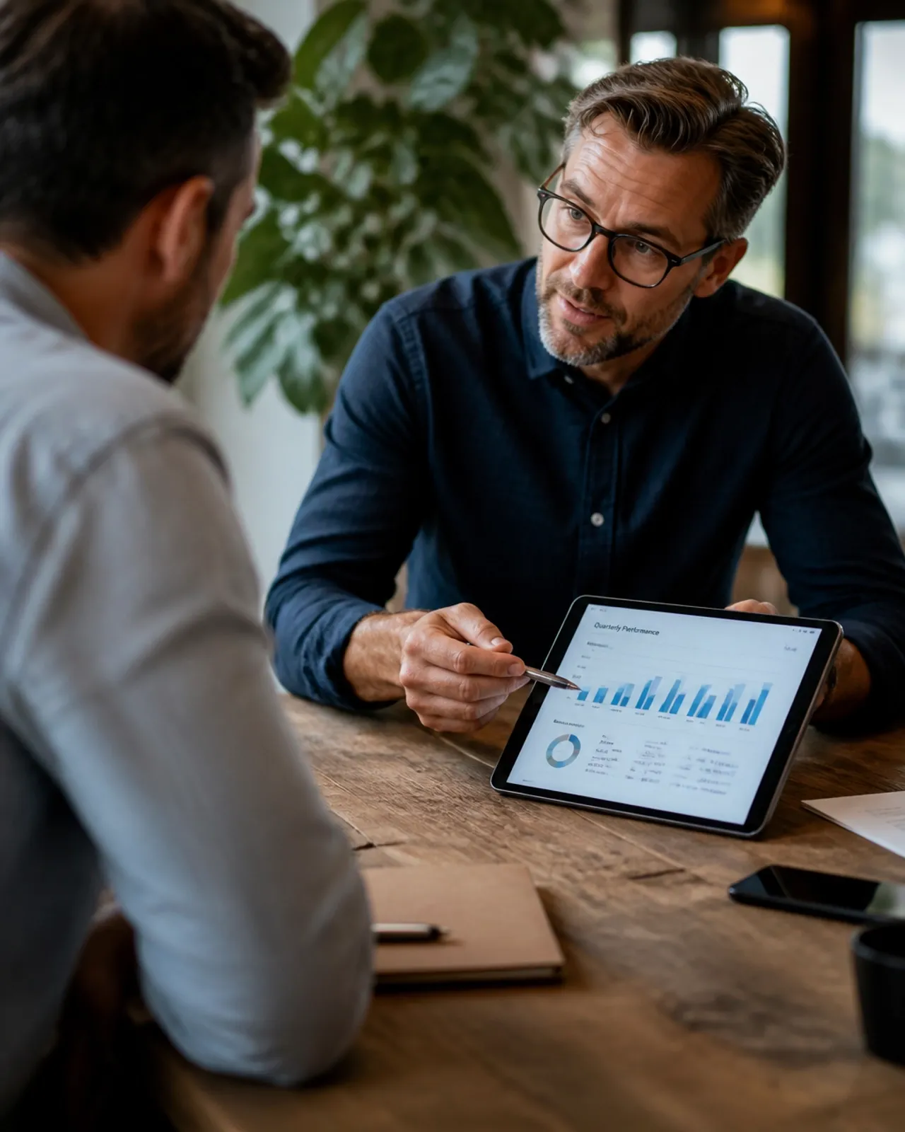 Professional advisor pointing at financial growth charts on a tablet