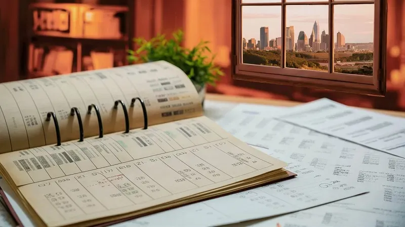 A close-up of a professional workspace with an open ledger and data-filled documents.