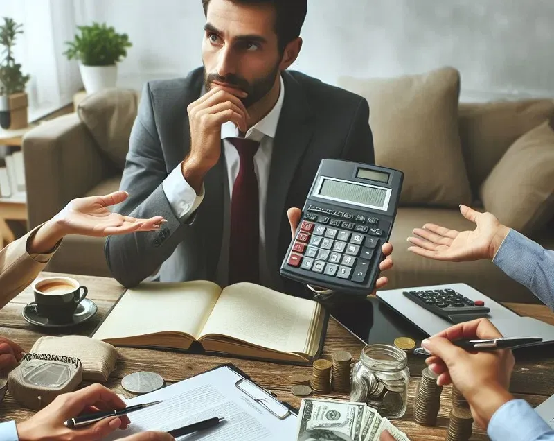 A focused financial strategy session with ledgers and reports